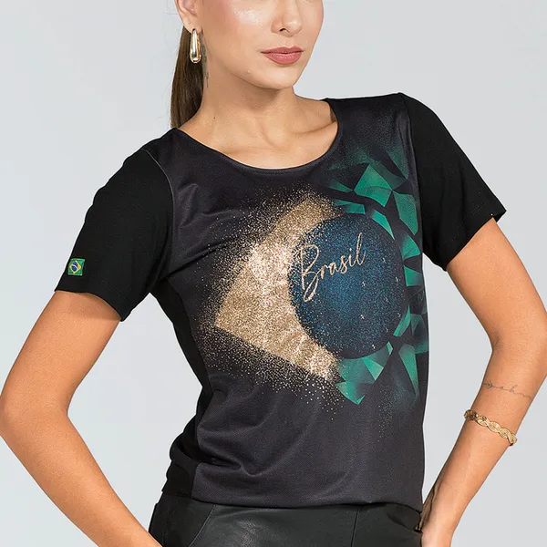 T-Shirt Creponada Estampa Brasil com Glitter Preto Mira Vest