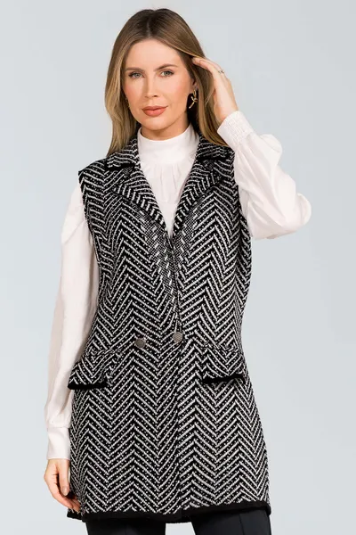 COLETE ALONGADO TRICÔ PRETO/OFF  MIRA VEST 