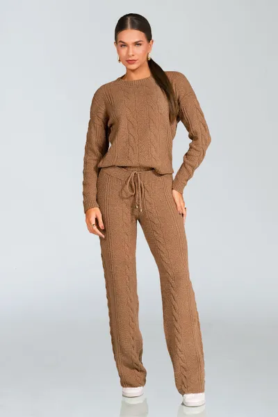 Conjunto Tricô Blusa e Calça Reta Castanha Mira Vest