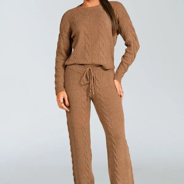 Conjunto Tricô Blusa e Calça Reta Castanha Mira Vest