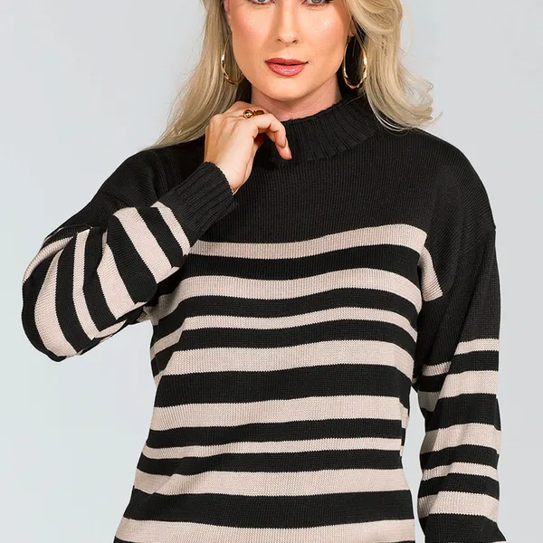 BLUSA TRICÔ GOLA ALTA PRETO/GELO MIRA VEST