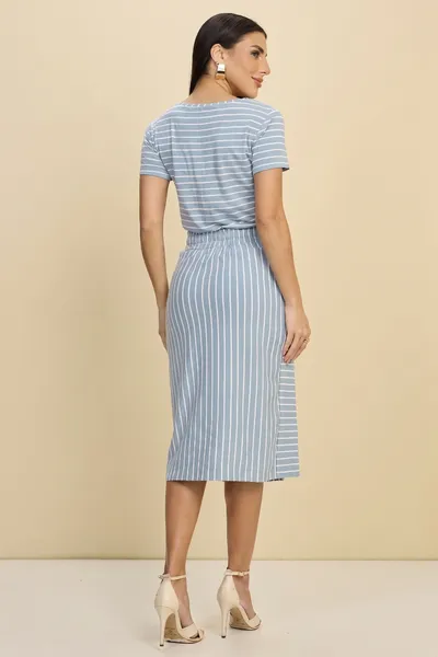 CONJUNTO LISTRADO COM CROPPED E SAIA MIDI AZUL BEBÊ MIRA VEST