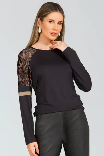 BLUSA VISCOLYCRA COM TULE E PEDRARIAS PRETO MIRA VEST