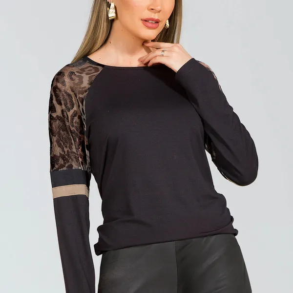 BLUSA VISCOLYCRA COM TULE E PEDRARIAS PRETO MIRA VEST