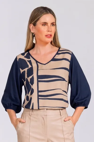 BLUSA PLANO FLUIDO COM VISCOLYCRA DECOTE V MARINHO MIRA VEST