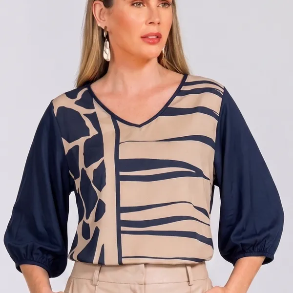 BLUSA PLANO FLUIDO COM VISCOLYCRA DECOTE V MARINHO MIRA VEST