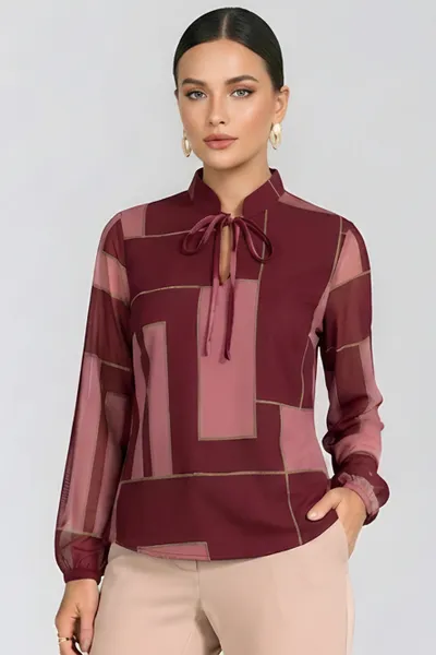BLUSA PLANO FLUIDO COM TULE DECOTE COM AMARRAÇÃO BORDÔ MIRA VEST