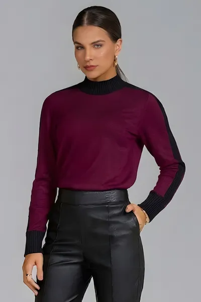 BLUSA MOLETINHO COM CANELADO GOLA ALTA BORDÔ MIRA VEST