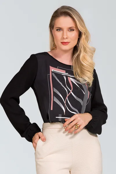 BLUSA PLANO FLUIDO COM PEDRARIAS PRETO MIRA VEST