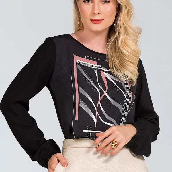 BLUSA PLANO FLUIDO COM PEDRARIAS PRETO MIRA VEST