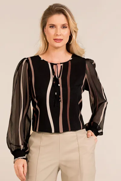 BLUSA PLANO FLUIDO COM TRANSPARÊNCIA PRETO/CANELA MIRA VEST