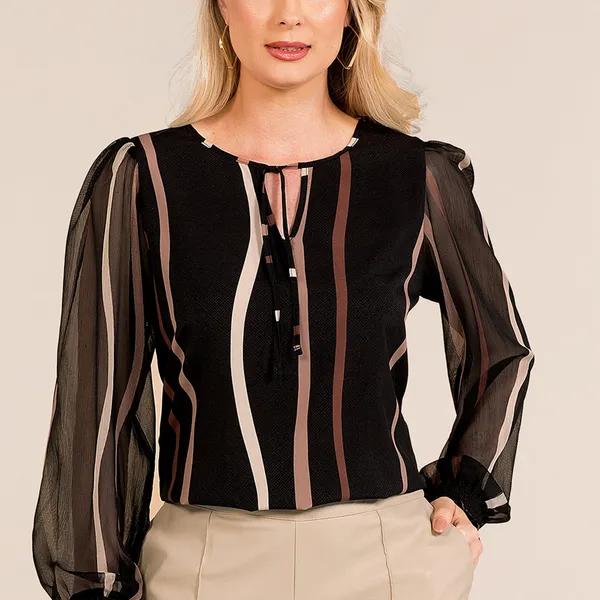 BLUSA PLANO FLUIDO COM TRANSPARÊNCIA PRETO/CANELA MIRA VEST