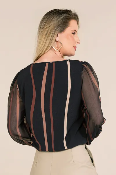 BLUSA PLANO FLUIDO COM TRANSPARÊNCIA PRETO/CANELA MIRA VEST