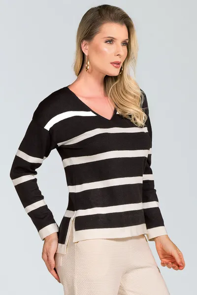 BLUSA TRICÔ DECOTE V PRETO/OFF MIRA VEST