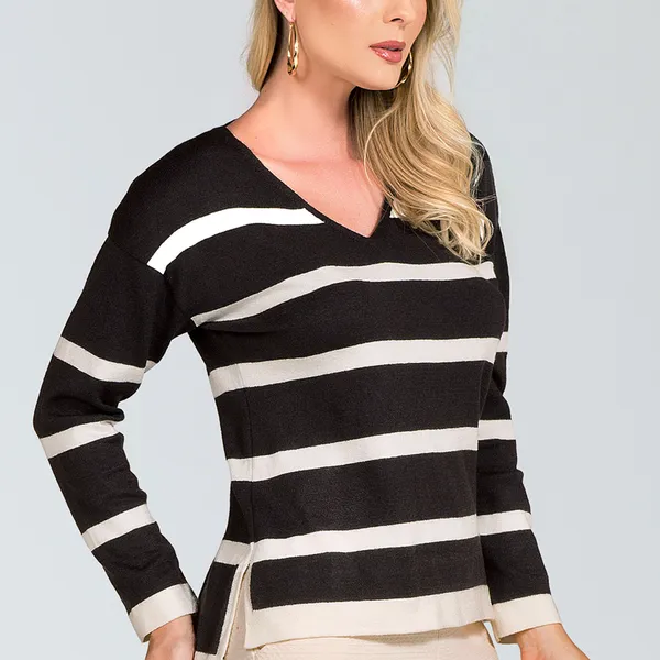 BLUSA TRICÔ DECOTE V PRETO/OFF MIRA VEST