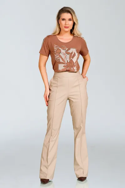 CALÇA BOOT CUT COURO SINTÉTICO MARFIM MIRA VEST