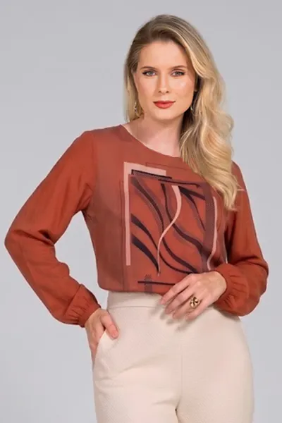 BLUSA PLANO FLUIDO COM PEDRARIAS AVELÃ MIRA VEST