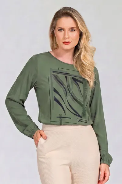 BLUSA PLANO FLUIDO COM PEDRARIAS OLIVA MIRA VEST