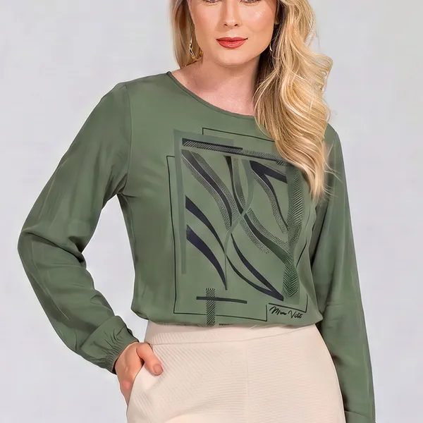BLUSA PLANO FLUIDO COM PEDRARIAS OLIVA MIRA VEST