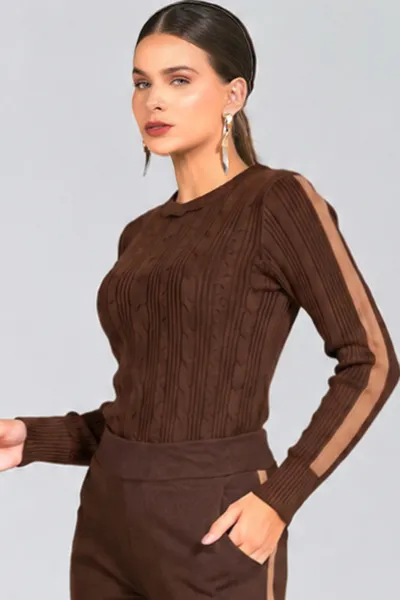 BLUSA TRICÔ DECOTE REDONDO MARROM/MOUSSE MIRA VEST 