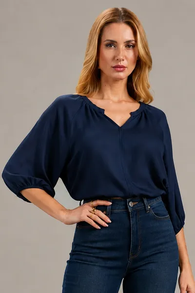 BLUSA DECOTE EM V FRANZIDO NA GOLA MARINHO MIRA VE