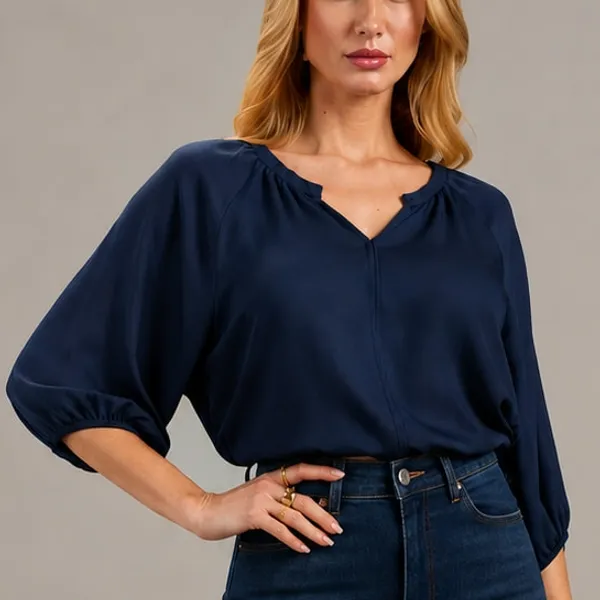 BLUSA DECOTE EM V FRANZIDO NA GOLA MARINHO MIRA VE