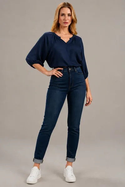 BLUSA DECOTE EM V FRANZIDO NA GOLA MARINHO MIRA VE