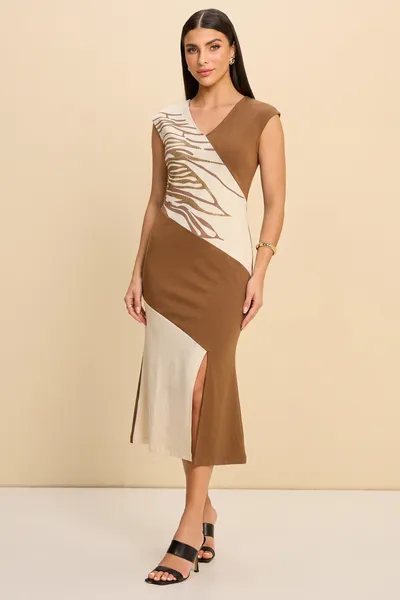 VESTIDO MIDI EM PONTO ROMA COM GLITTER  CARAMELO MIRA VEST