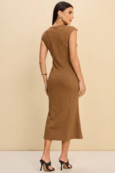 VESTIDO MIDI EM PONTO ROMA COM GLITTER  CARAMELO MIRA VEST