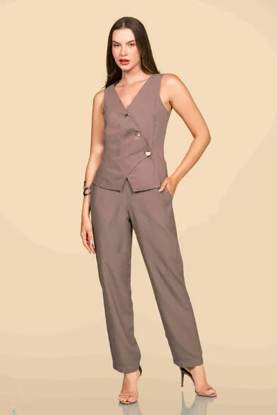 CONJUNTO ALFAIATARIA DE VISCOSE MARROM MIRA VEST