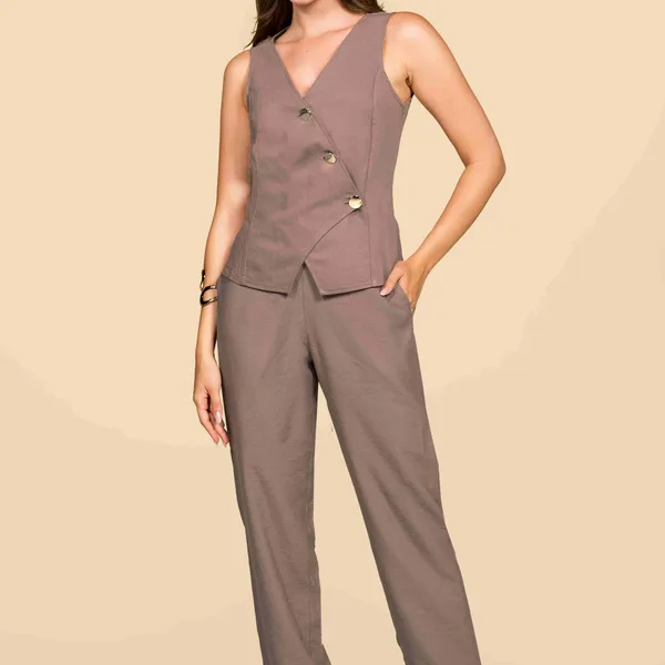 CONJUNTO ALFAIATARIA DE VISCOSE MARROM MIRA VEST