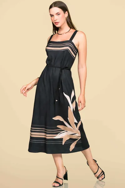VESTIDO CREPE COM CINTO MIDI PRETO MIRA VEST