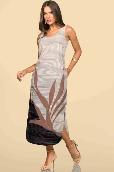 VESTIDO PLANO FLUIDO MIDI MANTEIGA/PRETO MIRA VEST