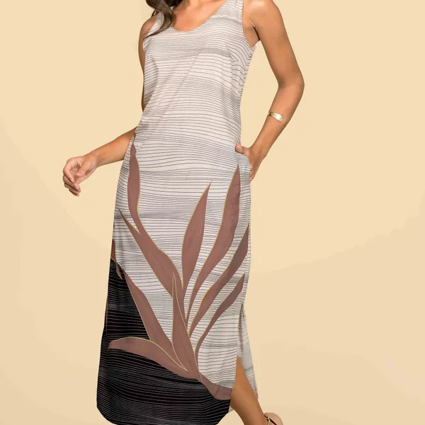 VESTIDO PLANO FLUIDO MIDI MANTEIGA/PRETO MIRA VEST