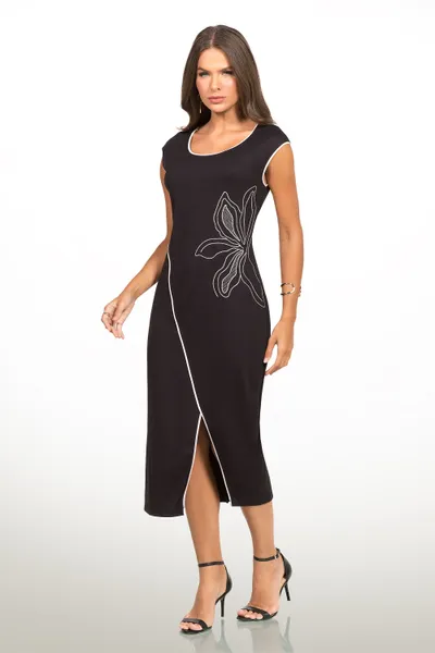 VESTIDO PONTO ROMA BORDADO MIDI PRETO MIRA VEST