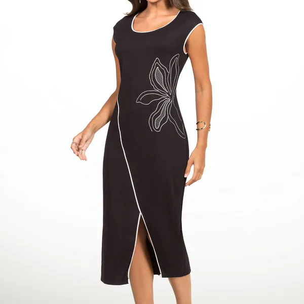VESTIDO PONTO ROMA BORDADO MIDI PRETO MIRA VEST
