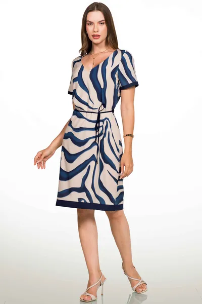 VESTIDO PLANO FLUIDO COM CINTO MARINHO/BEGE MIRA VEST