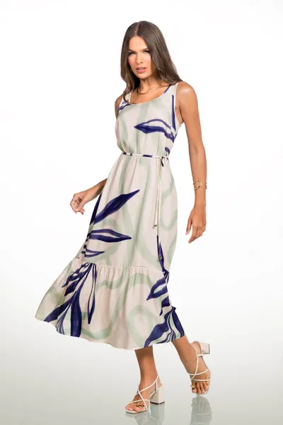 VESTIDO VISCOSE ESTAMPADA COM CINTO MIDI MARINHO/MENTA MIRA VEST