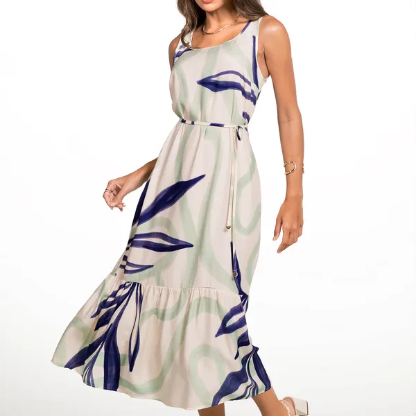 VESTIDO VISCOSE ESTAMPADA COM CINTO MIDI MARINHO/MENTA MIRA VEST