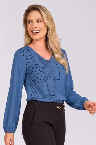 BLUSA DECOTE EM V PUNHO FRANZIDO AZUL MIRA VEST