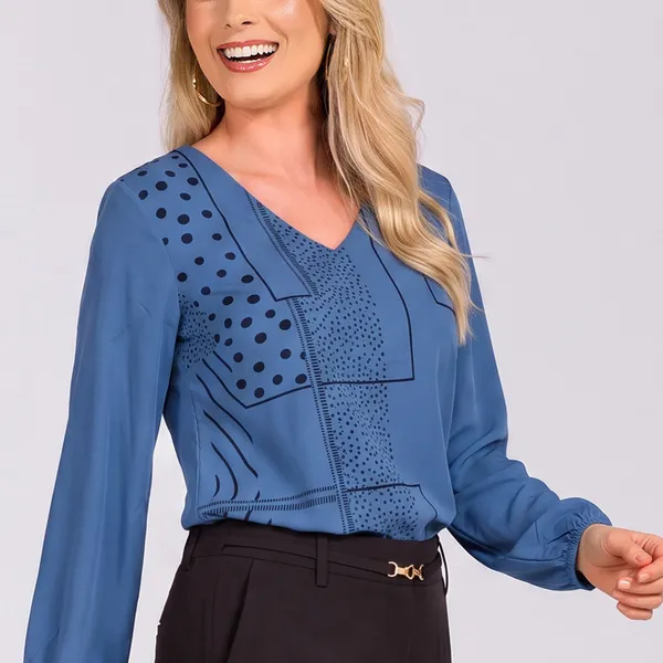 BLUSA DECOTE EM V PUNHO FRANZIDO AZUL MIRA VEST