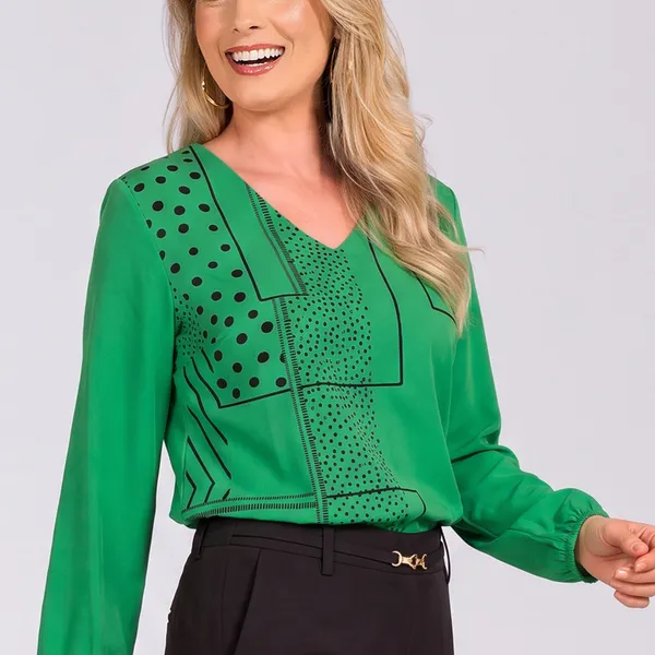 BLUSA DECOTE EM V PUNHO FRANZIDO VERDE MIRA VEST
