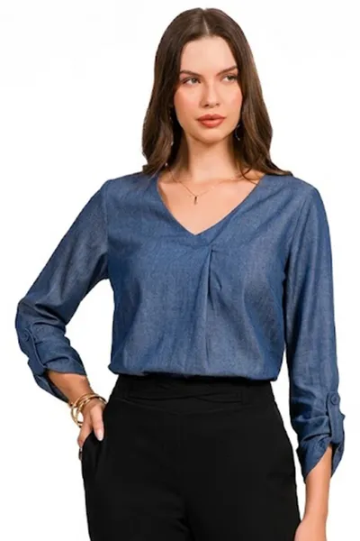 CAMISA DECOTE V MALHA DENIM UNICA MIRA VEST