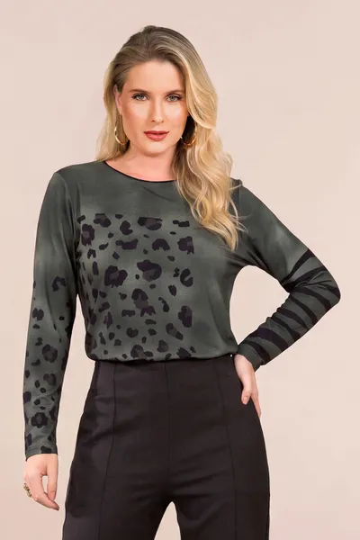 BLUSA DECOTE REDONDO MANGA COMPRIDA VERDE MILITAR