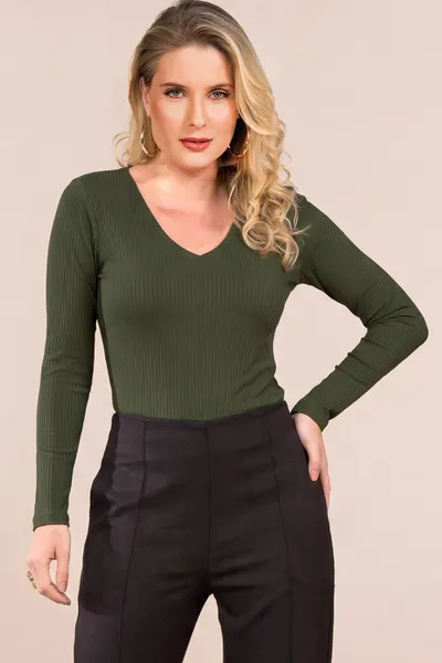 BLUSA CANELADA DECOTE V MANGA LONGA RECORTE MIRA V