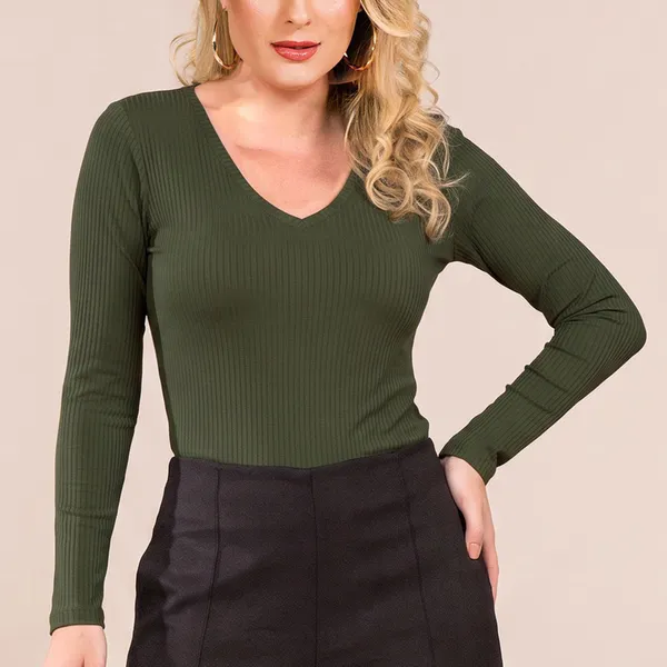 BLUSA CANELADA DECOTE V MANGA LONGA RECORTE MIRA V