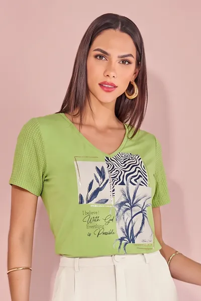 T-SHIRT DECOTE V MANGA CURTA PISTACHE MIRA VEST