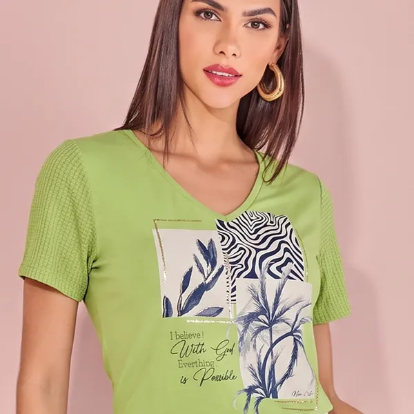T-SHIRT DECOTE V MANGA CURTA PISTACHE MIRA VEST