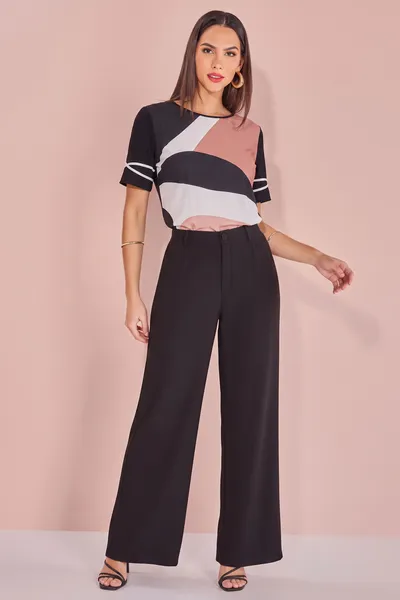 BLUSA MANGA CURTA EM TECIDO FLUIDO COM VIÉS TRANSP