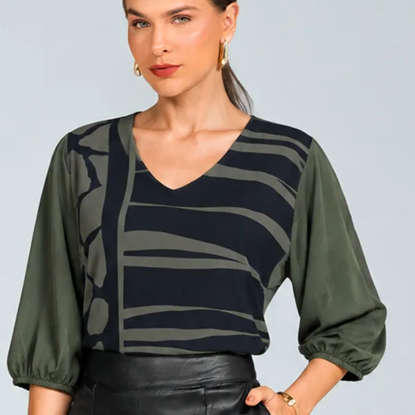 BLUSA PLANO FLUIDO COM VISCOLYCRA DECOTE V OLIVA MIRA VEST